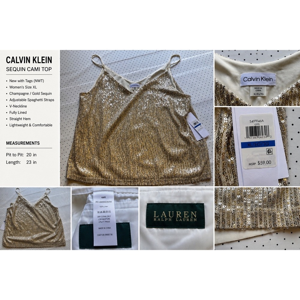 Calvin Klein Womens Sequin Cami Top Champagne Gold V-Neck XL NWT S49TF46A